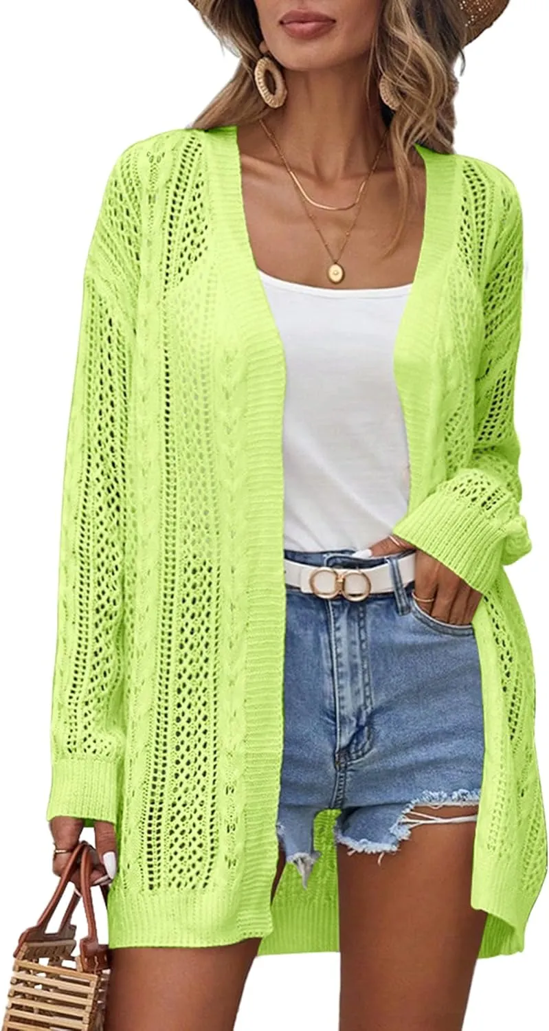 Womens Crochet Lightweight Cardigans Long Sleeve Open Front Kimonos Boho Summer Cardigan Sweater Cover Up