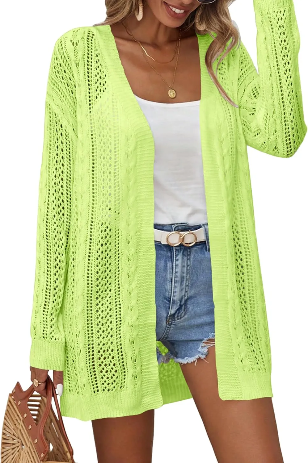 Womens Crochet Lightweight Cardigans Long Sleeve Open Front Kimonos Boho Summer Cardigan Sweater Cover Up
