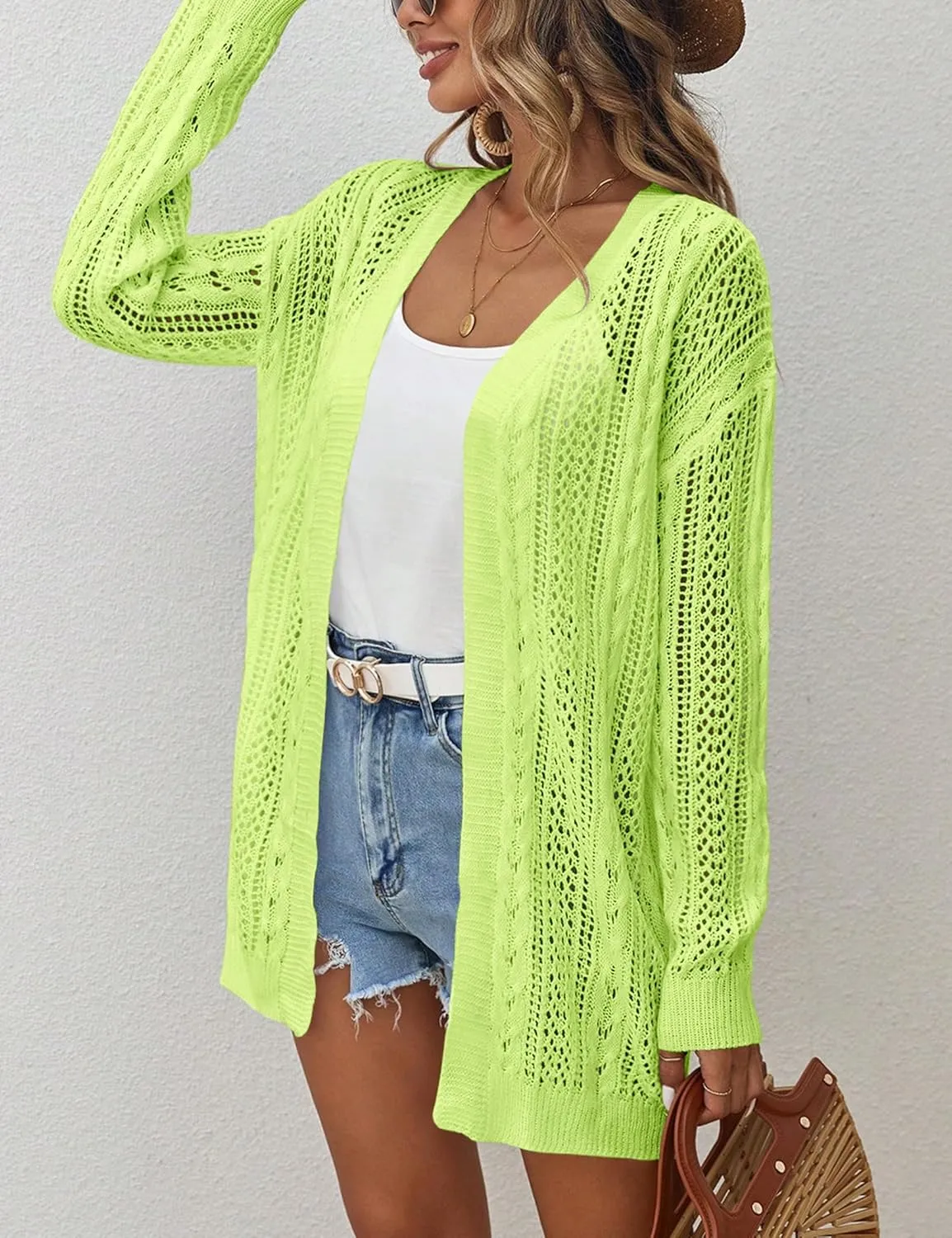 Womens Crochet Lightweight Cardigans Long Sleeve Open Front Kimonos Boho Summer Cardigan Sweater Cover Up