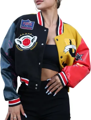 Women's Cropped Casual Jacket Colorblock Varsity Jacket Y2K Baseball Bomber Vintage Streetwear Patched Outerwear