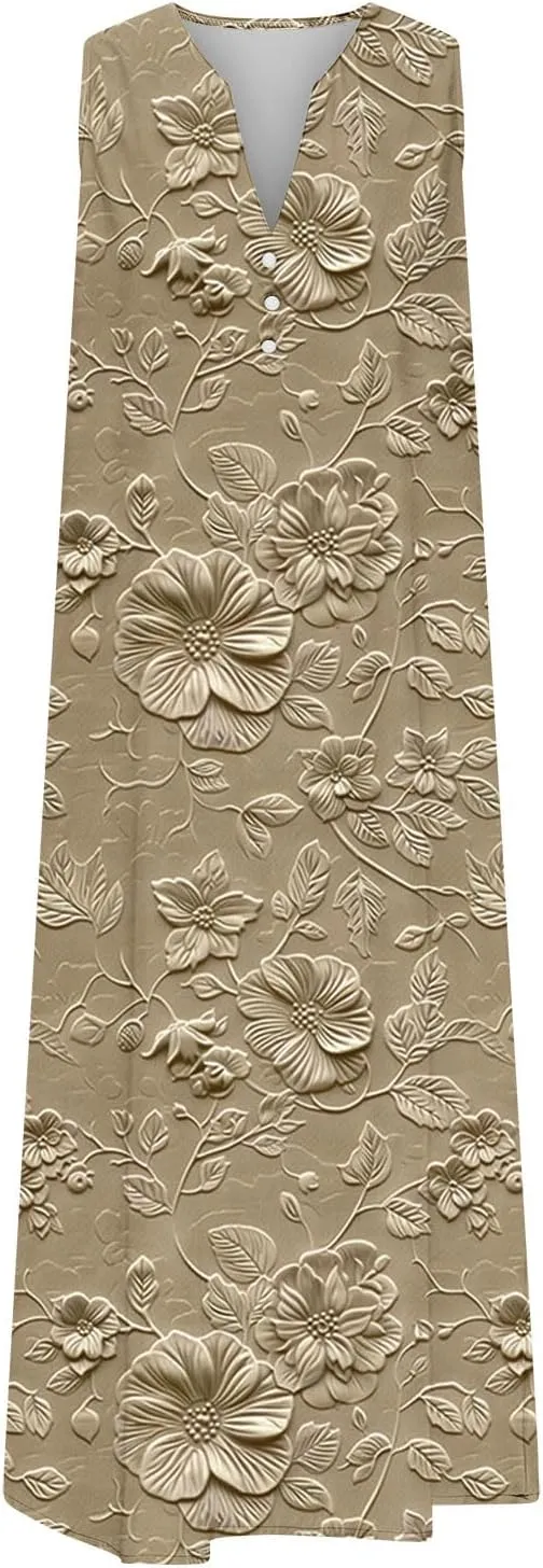 Women's Embossed Floral Printed Midi Dresses Button V Neck Summer Loose Sleeveless A-Line Casual Plus Size Dress with Pockets