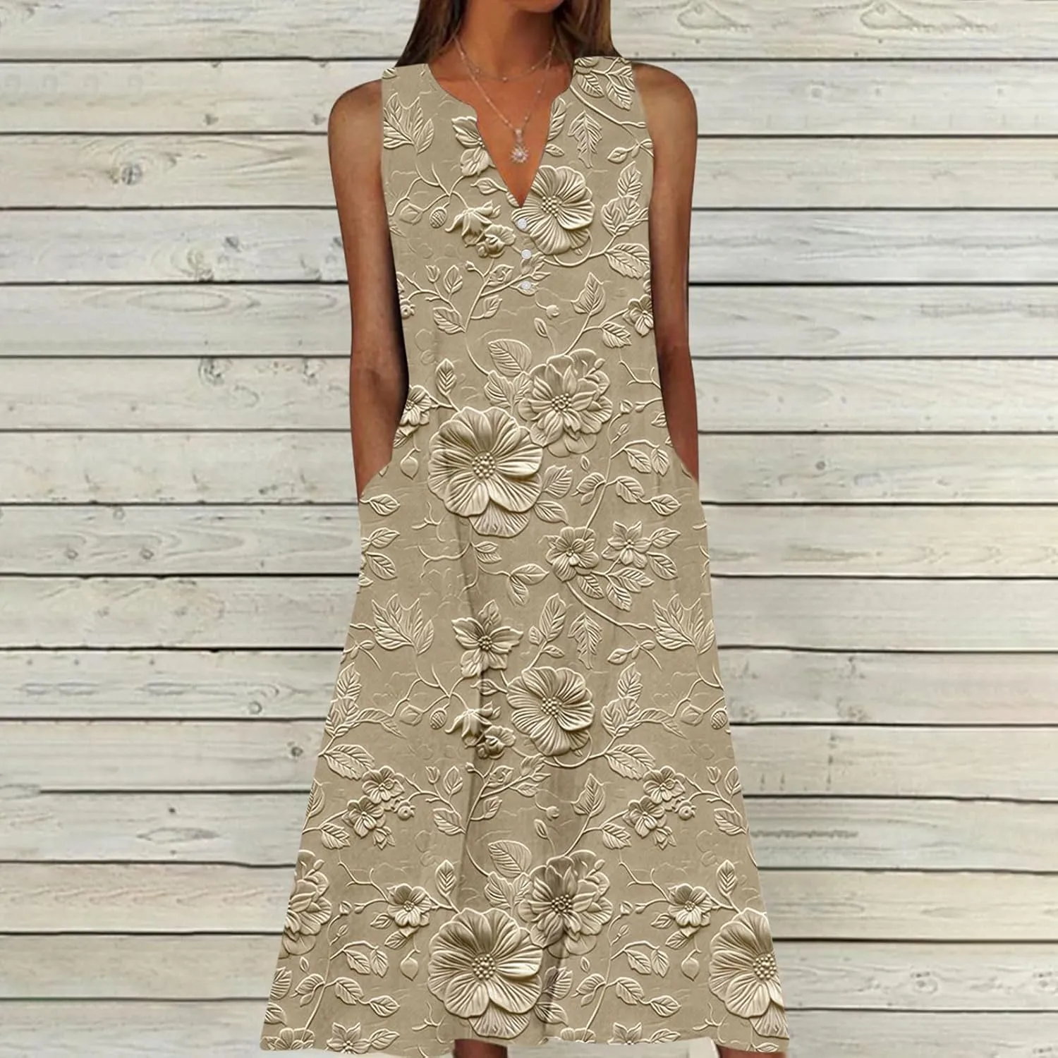Women's Embossed Floral Printed Midi Dresses Button V Neck Summer Loose Sleeveless A-Line Casual Plus Size Dress with Pockets