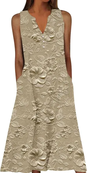 Women's Embossed Floral Printed Midi Dresses Button V Neck Summer Loose Sleeveless A-Line Casual Plus Size Dress with Pockets