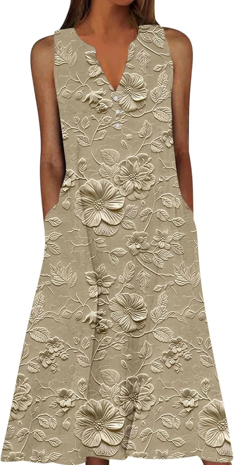 Women's Embossed Floral Printed Midi Dresses Button V Neck Summer Loose Sleeveless A-Line Casual Plus Size Dress with Pockets