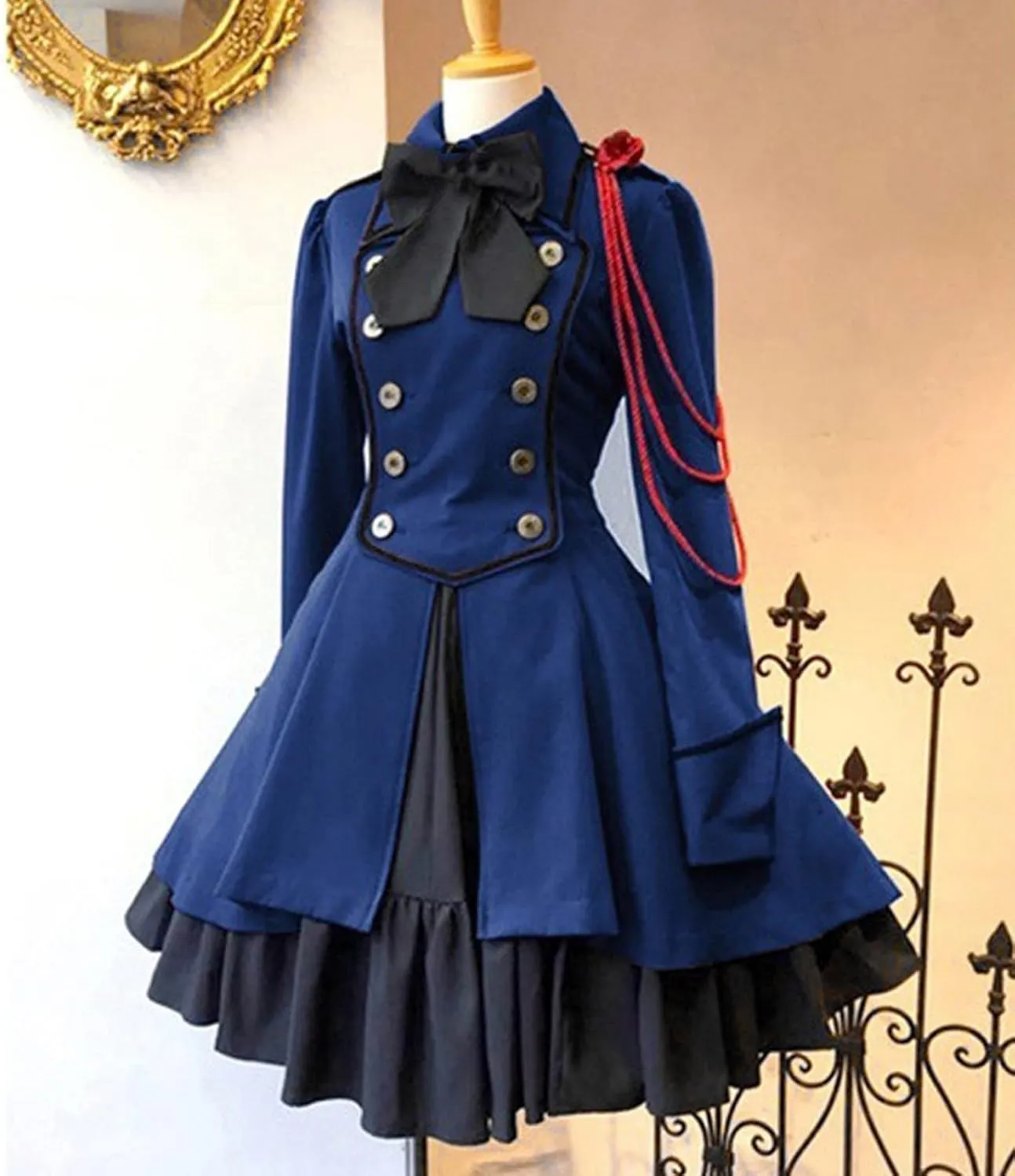 Women's Fashion Lolita Gothic Dresses Punk Vintage Bow Long Sleeve Dresses Ruffle Renaissance Cosplay Mini Dress
