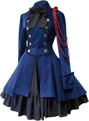 Women's Fashion Lolita Gothic Dresses Punk Vintage Bow Long Sleeve Dresses Ruffle Renaissance Cosplay Mini Dress