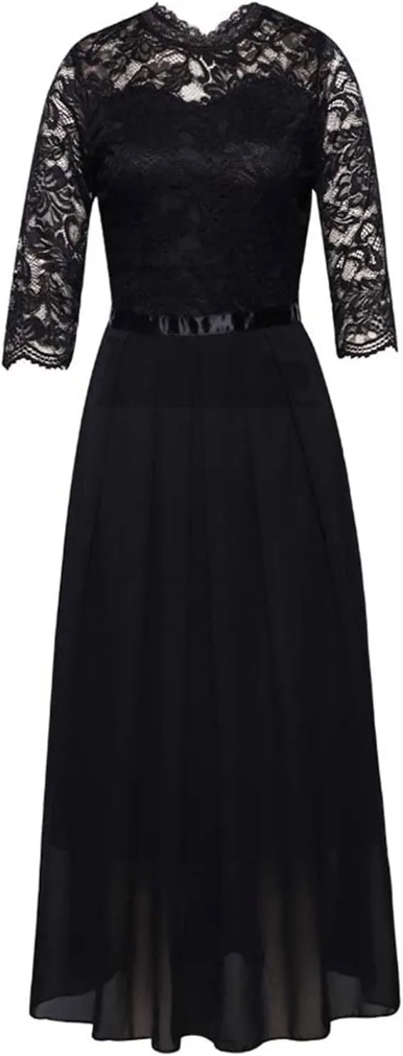 Women's Floral Lace Maxi Dress 3/4 Sleeve Bridesmaid Party Dress Vintage Formal Cocktail Party Swing Dresses