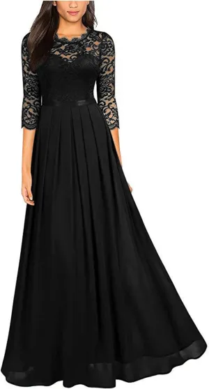Women's Floral Lace Maxi Dress 3/4 Sleeve Bridesmaid Party Dress Vintage Formal Cocktail Party Swing Dresses