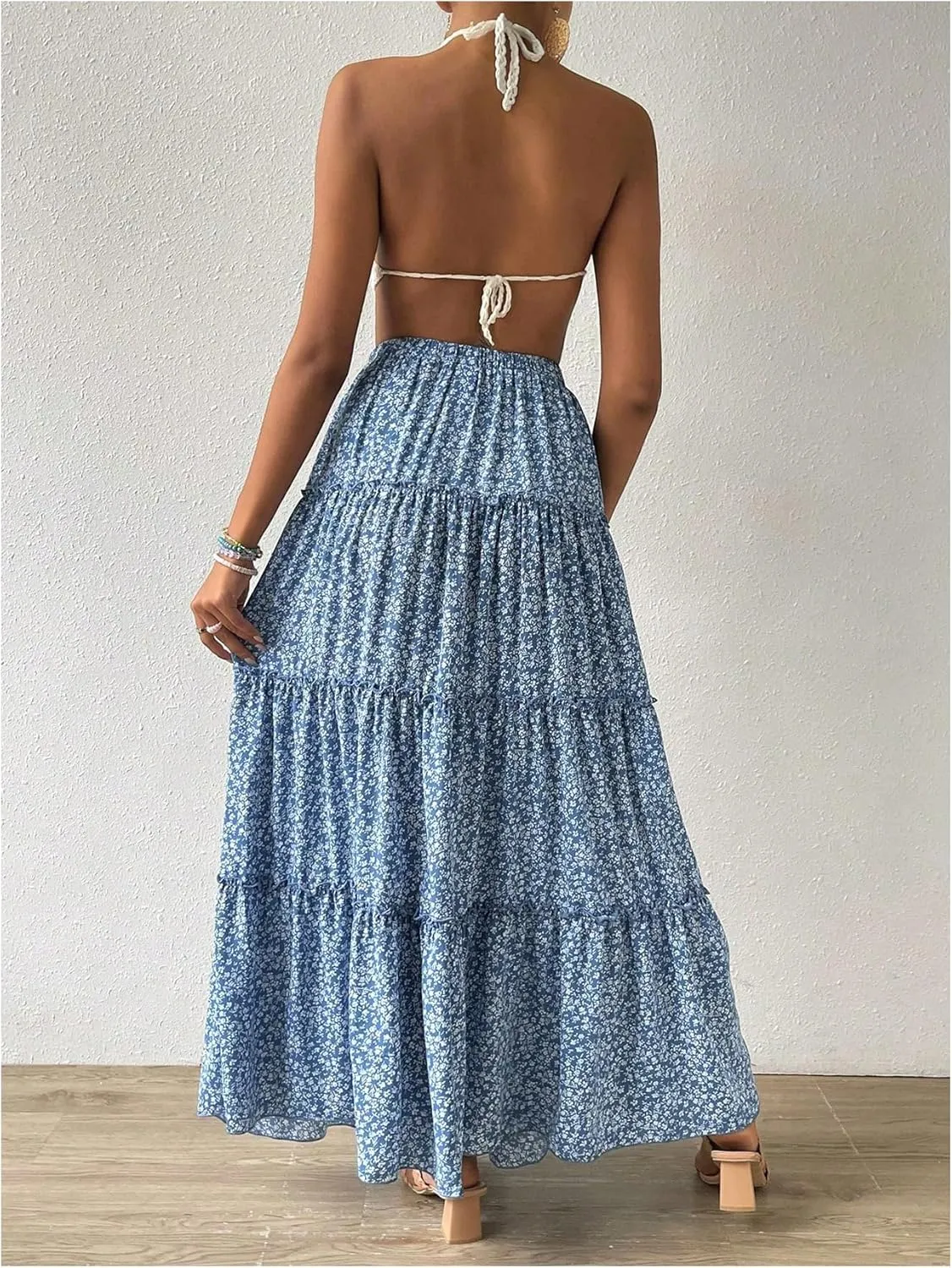 Women's Floral Maxi Skirt Boho Ruffle Elastic High Waist Summer Flowy Tiered Long Skirts