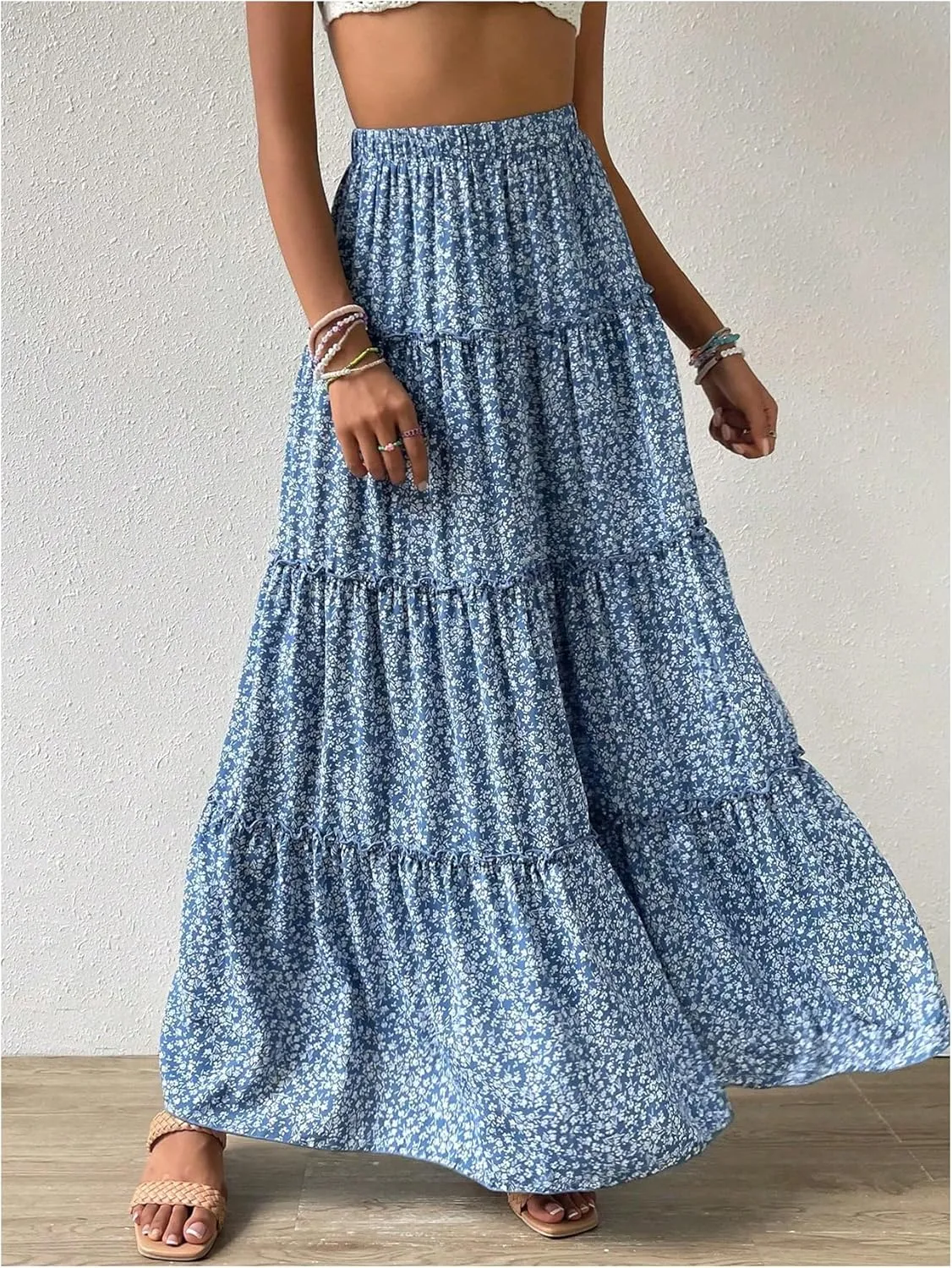 Women's Floral Maxi Skirt Boho Ruffle Elastic High Waist Summer Flowy Tiered Long Skirts
