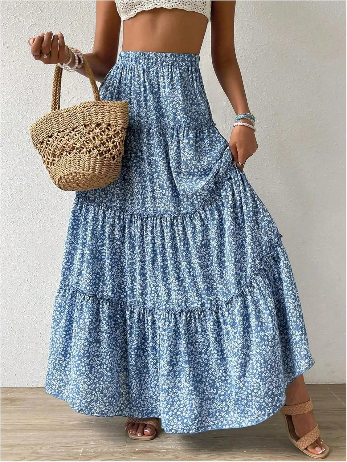 Women's Floral Maxi Skirt Boho Ruffle Elastic High Waist Summer Flowy Tiered Long Skirts