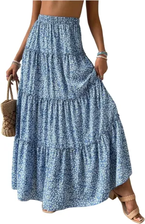 Women's Floral Maxi Skirt Boho Ruffle Elastic High Waist Summer Flowy Tiered Long Skirts