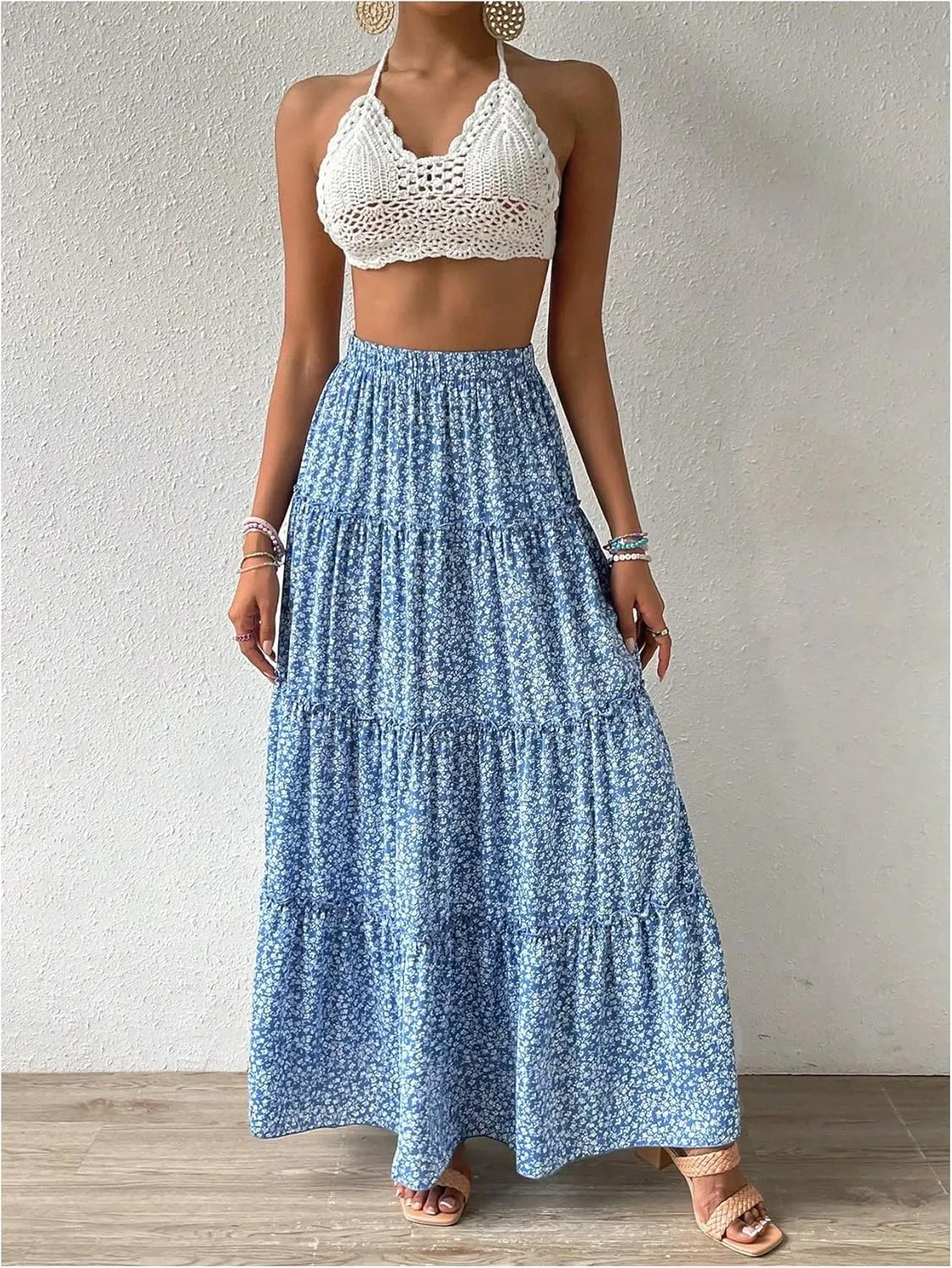Women's Floral Maxi Skirt Boho Ruffle Elastic High Waist Summer Flowy Tiered Long Skirts