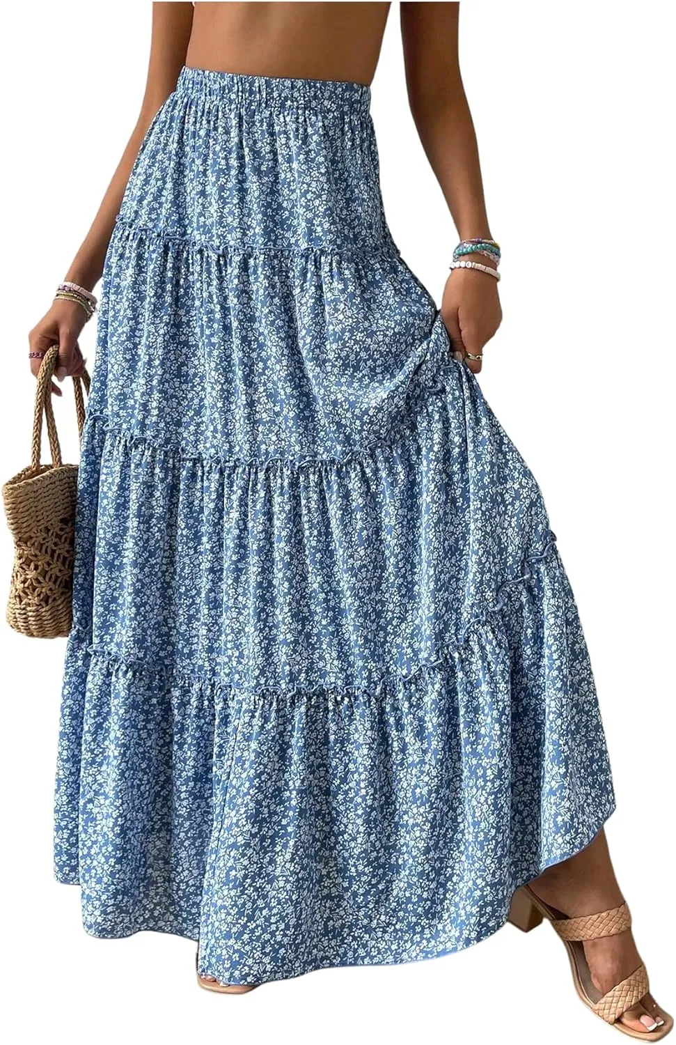 Women's Floral Maxi Skirt Boho Ruffle Elastic High Waist Summer Flowy Tiered Long Skirts