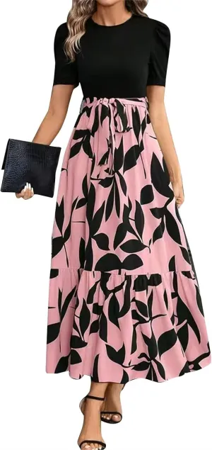 Womens Floral Printed Long Flowy Dresses with Pockets Ruffle Short Sleeve 2025 Dresses Summer Casual Maxi Dress