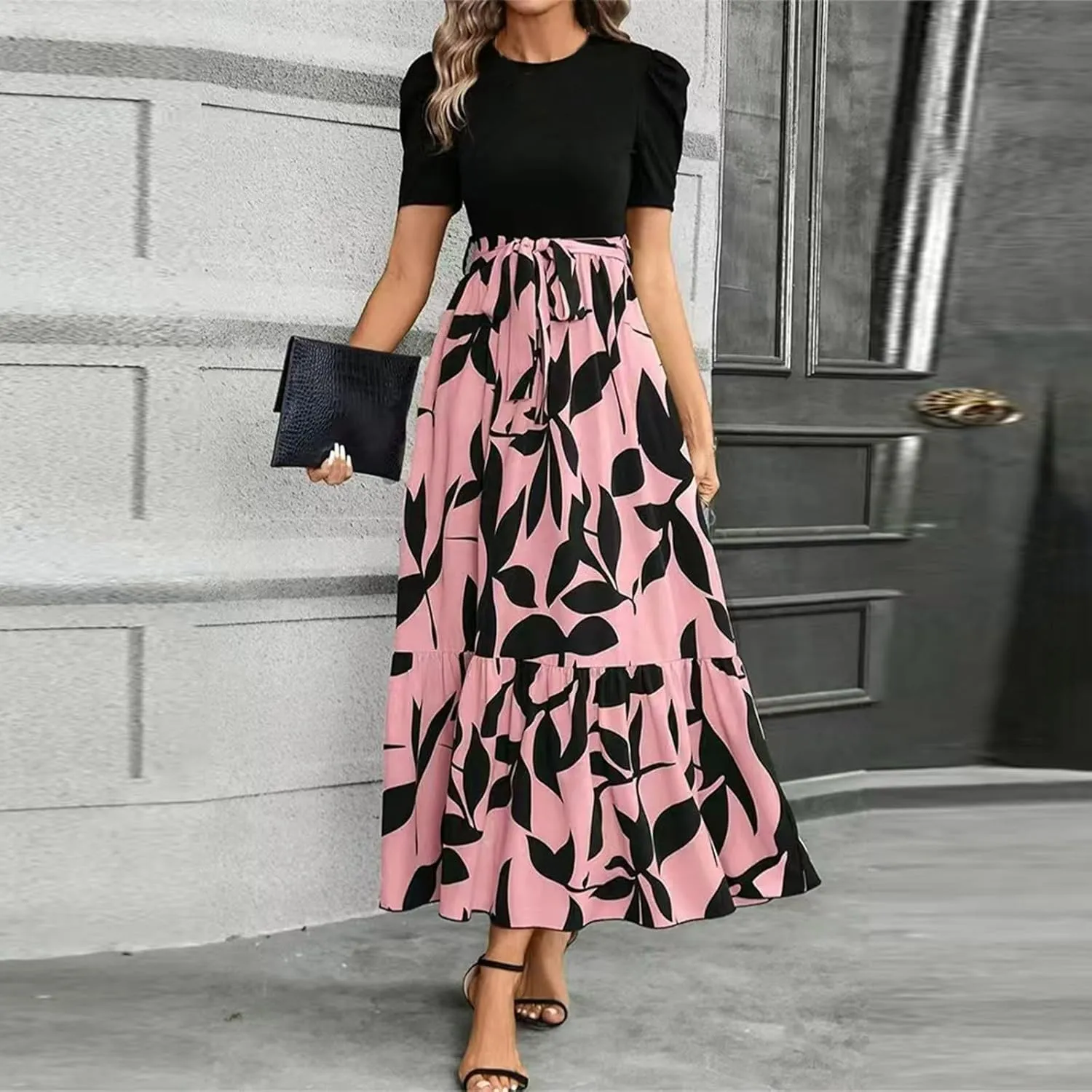 Womens Floral Printed Long Flowy Dresses with Pockets Ruffle Short Sleeve 2025 Dresses Summer Casual Maxi Dress
