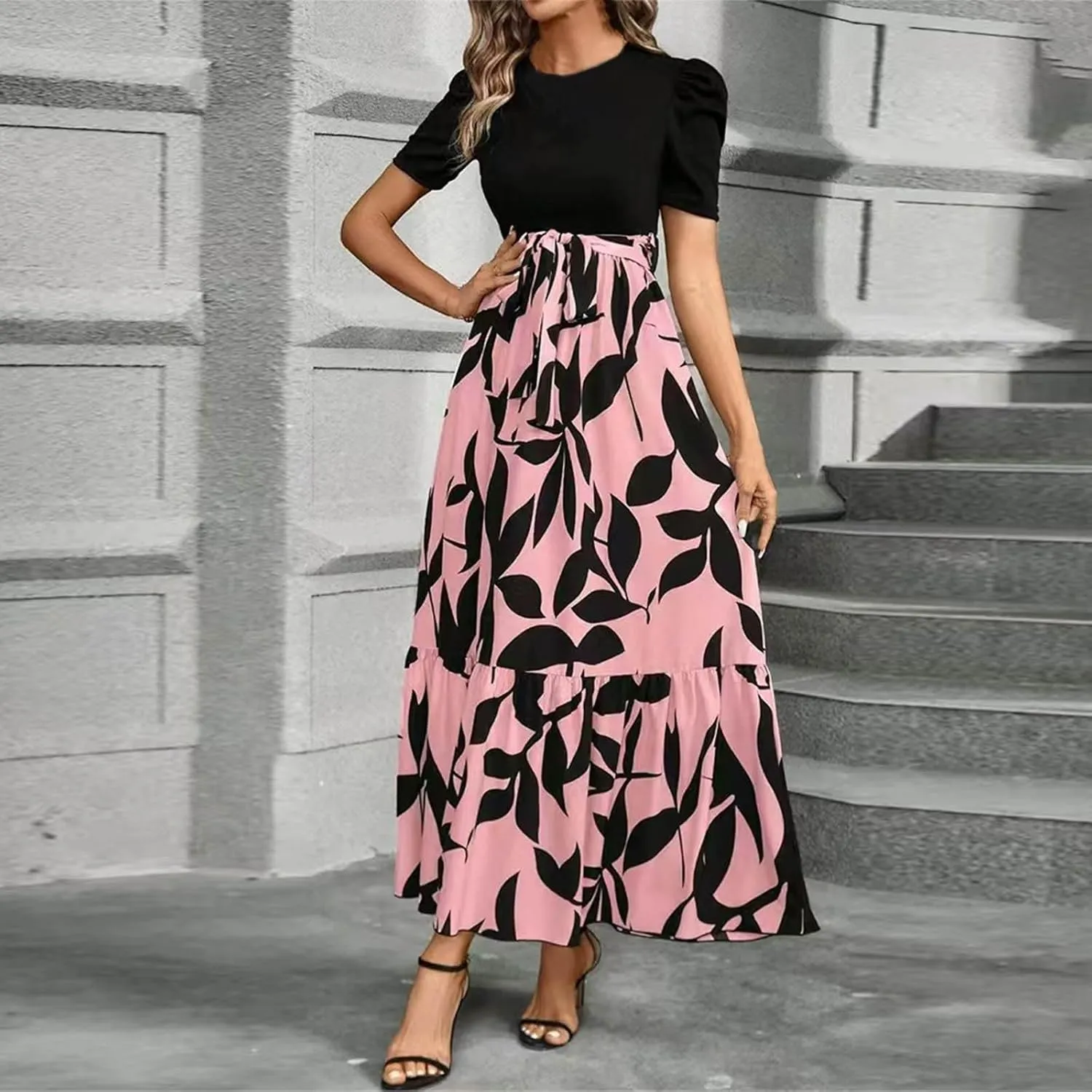 Womens Floral Printed Long Flowy Dresses with Pockets Ruffle Short Sleeve 2025 Dresses Summer Casual Maxi Dress