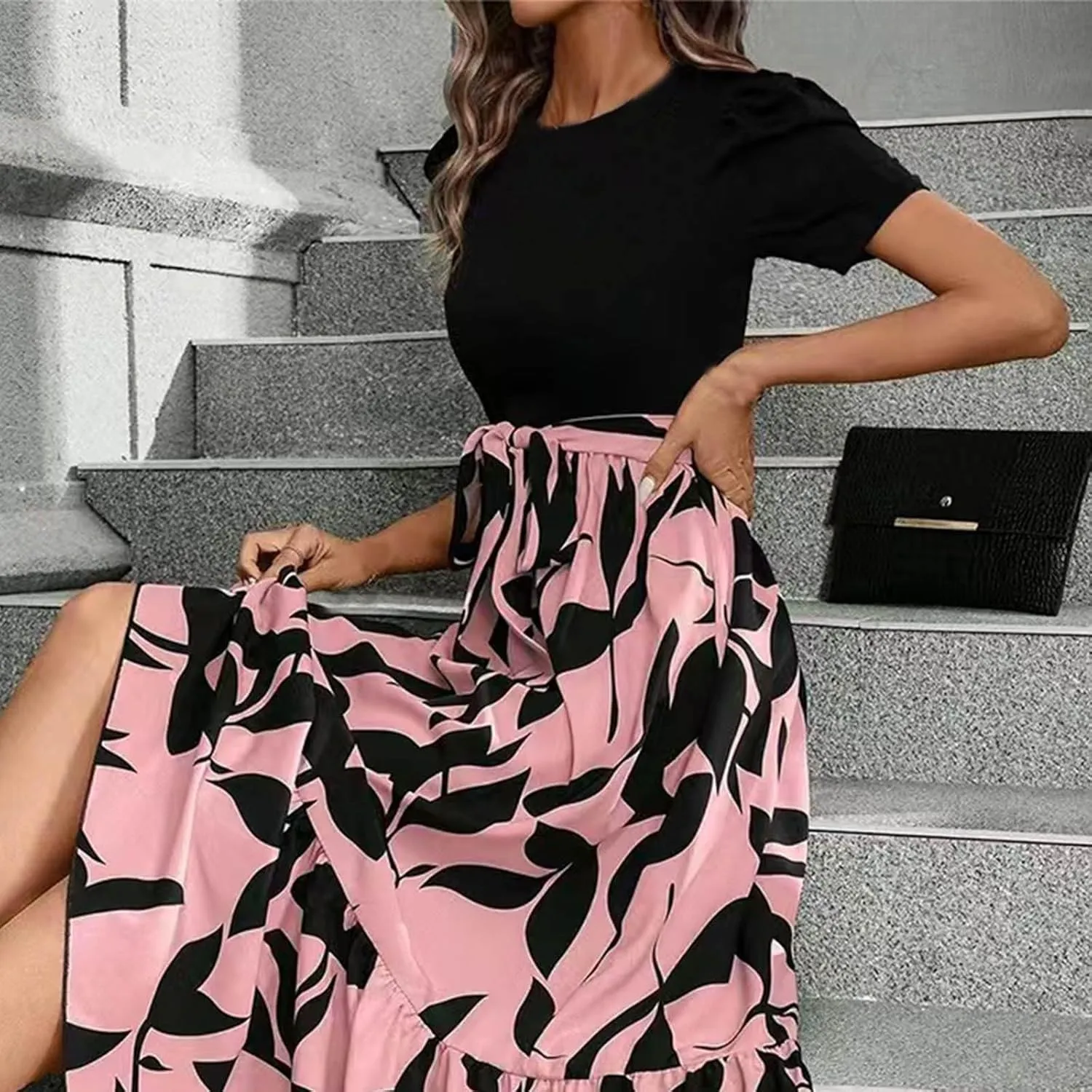 Womens Floral Printed Long Flowy Dresses with Pockets Ruffle Short Sleeve 2025 Dresses Summer Casual Maxi Dress