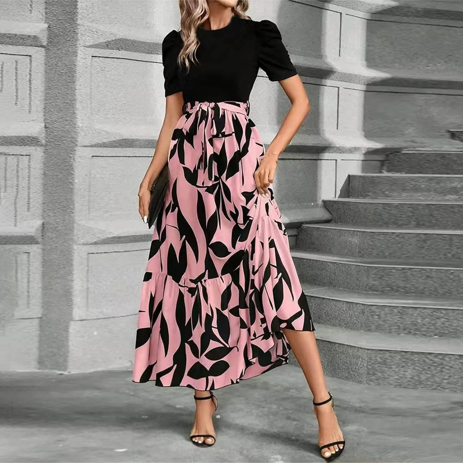 Womens Floral Printed Long Flowy Dresses with Pockets Ruffle Short Sleeve 2025 Dresses Summer Casual Maxi Dress