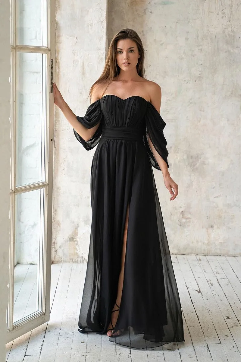 Women's Formal Dresses Plus Size Chiffon Bridesmaid Dresses Long Off The Shoulder Black Wedding Dresses with Slit
