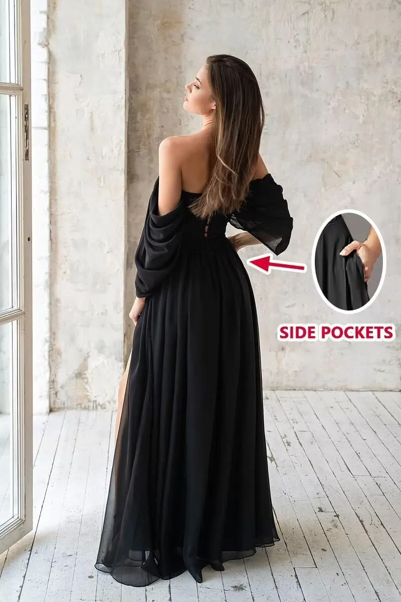 Women's Formal Dresses Plus Size Chiffon Bridesmaid Dresses Long Off The Shoulder Black Wedding Dresses with Slit