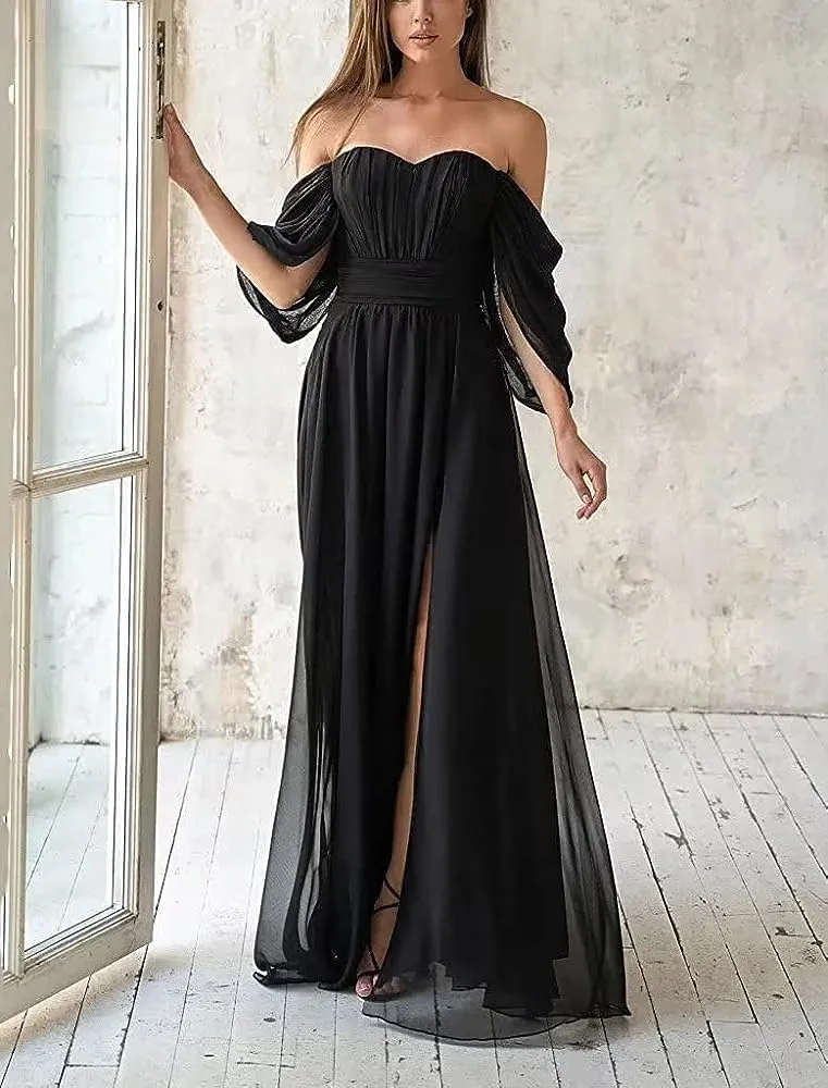 Women's Formal Dresses Plus Size Chiffon Bridesmaid Dresses Long Off The Shoulder Black Wedding Dresses with Slit