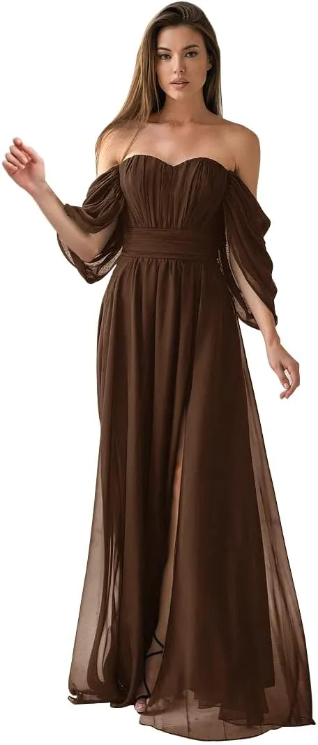 Women's Formal Dresses Plus Size Chiffon Bridesmaid Dresses Long Off The Shoulder Black Wedding Dresses with Slit