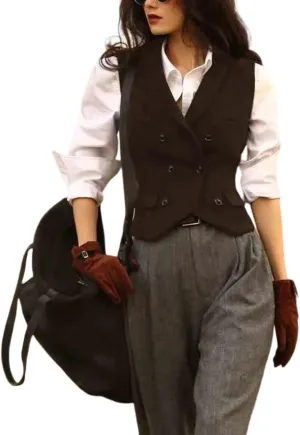 Womens Herringbone Tweed Single Breasted Waistcoat Casual Office Wear Vest Sleeveless Jacket