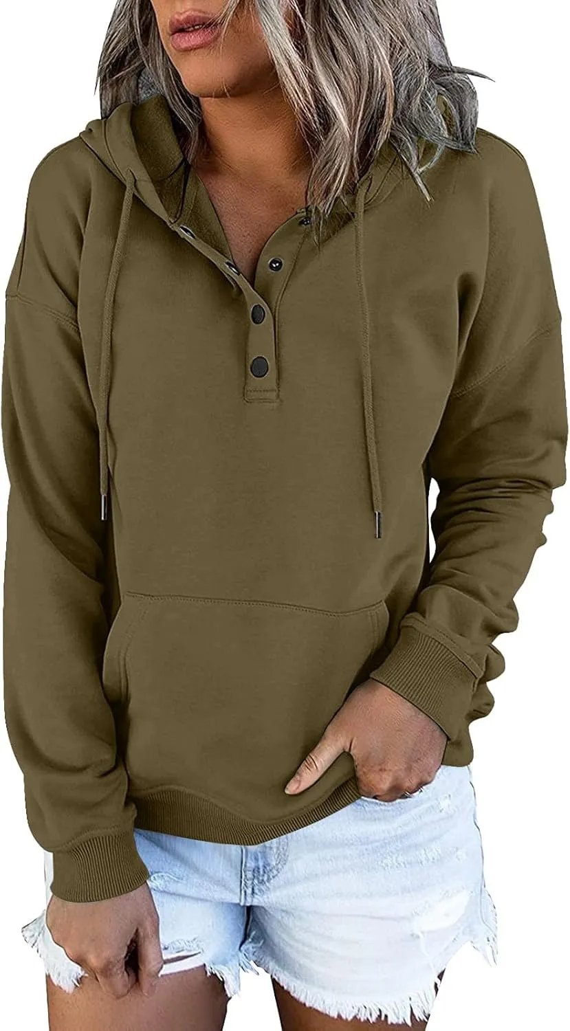 Womens Hoodies Pullover Casual Long Sleeve Button Down Drawstring Hooded Sweatshirts with Pocket Trendy Fall Shirts