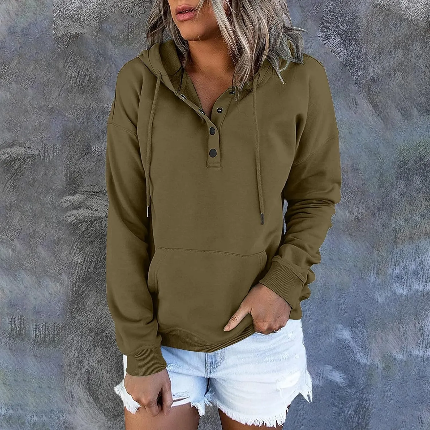 Womens Hoodies Pullover Casual Long Sleeve Button Down Drawstring Hooded Sweatshirts with Pocket Trendy Fall Shirts