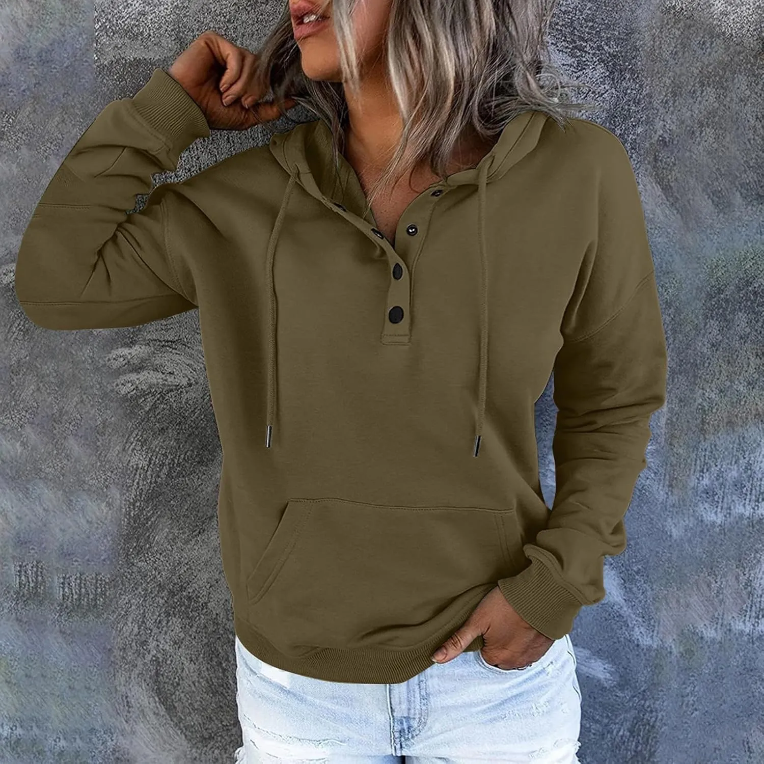 Womens Hoodies Pullover Casual Long Sleeve Button Down Drawstring Hooded Sweatshirts with Pocket Trendy Fall Shirts