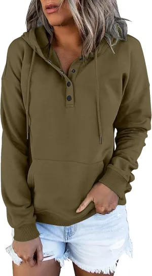 Womens Hoodies Pullover Casual Long Sleeve Button Down Drawstring Hooded Sweatshirts with Pocket Trendy Fall Shirts