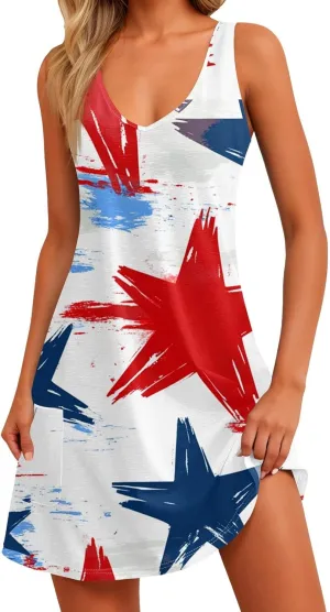 Womens July 4Th Dresses Midi Red White and Blue Dress Sleeveless Patriotic Dresses Holiday Festival Party Dress