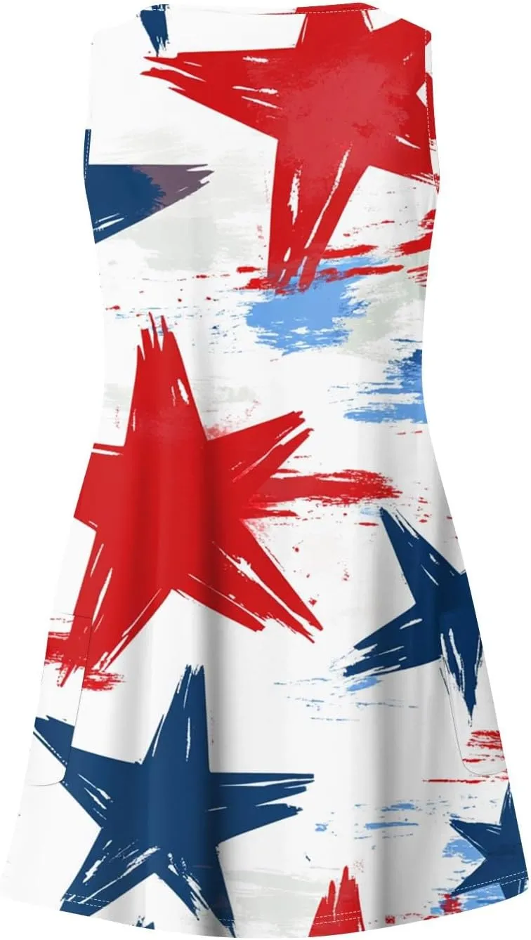 Womens July 4Th Dresses Midi Red White and Blue Dress Sleeveless Patriotic Dresses Holiday Festival Party Dress