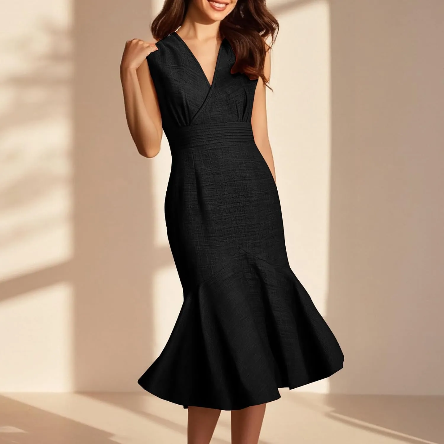Women's Linen Sleeveless V-Neck Fishtail Midi Dress Wrap Ruched Solid A-line High Waist Bodycon Mermaid Dresses
