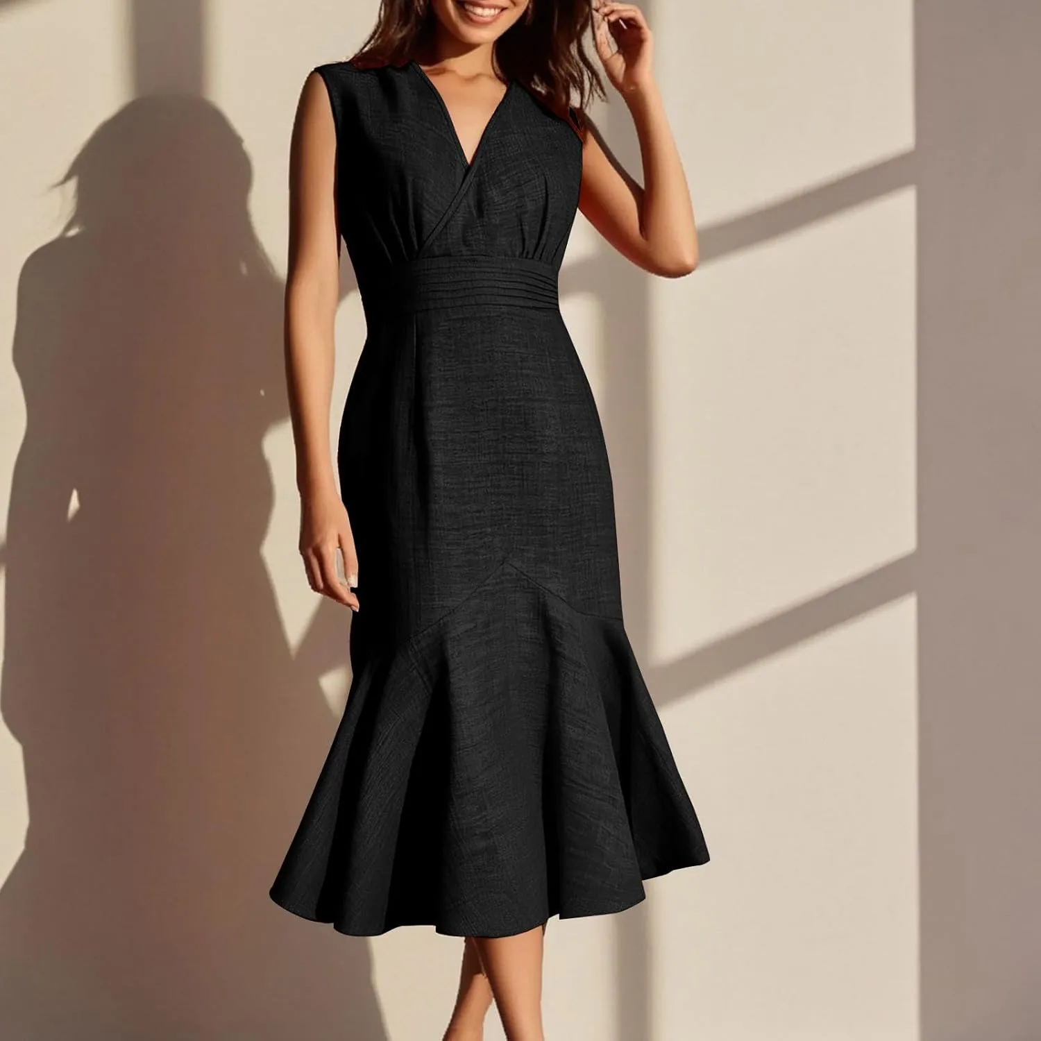 Women's Linen Sleeveless V-Neck Fishtail Midi Dress Wrap Ruched Solid A-line High Waist Bodycon Mermaid Dresses