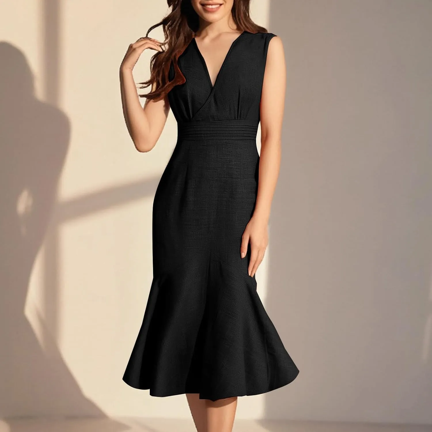 Women's Linen Sleeveless V-Neck Fishtail Midi Dress Wrap Ruched Solid A-line High Waist Bodycon Mermaid Dresses