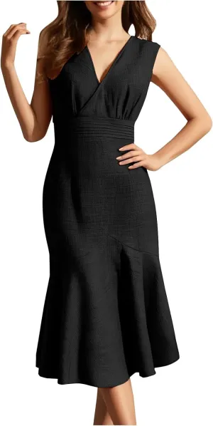 Women's Linen Sleeveless V-Neck Fishtail Midi Dress Wrap Ruched Solid A-line High Waist Bodycon Mermaid Dresses