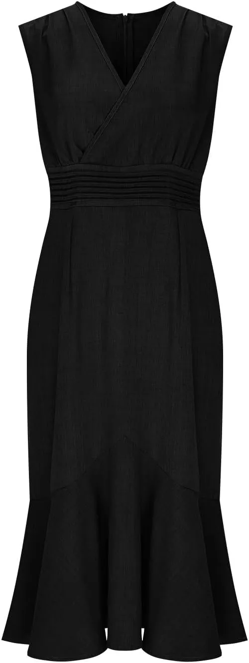 Women's Linen Sleeveless V-Neck Fishtail Midi Dress Wrap Ruched Solid A-line High Waist Bodycon Mermaid Dresses