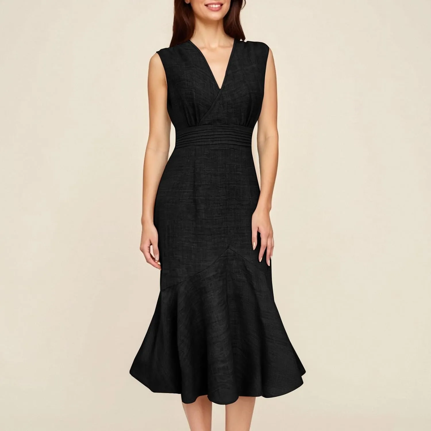 Women's Linen Sleeveless V-Neck Fishtail Midi Dress Wrap Ruched Solid A-line High Waist Bodycon Mermaid Dresses
