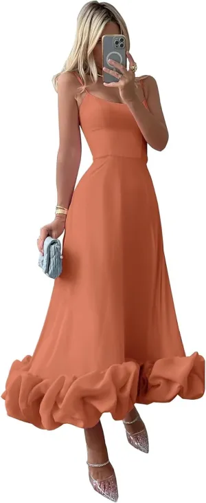 Women's Midi Prom Dresses Flounce Bustier Trim Ruffle Formal Evening Party Dress Tea Length 2024