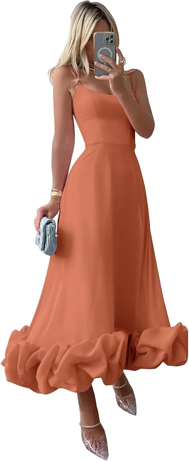 Women's Midi Prom Dresses Flounce Bustier Trim Ruffle Formal Evening Party Dress Tea Length 2024