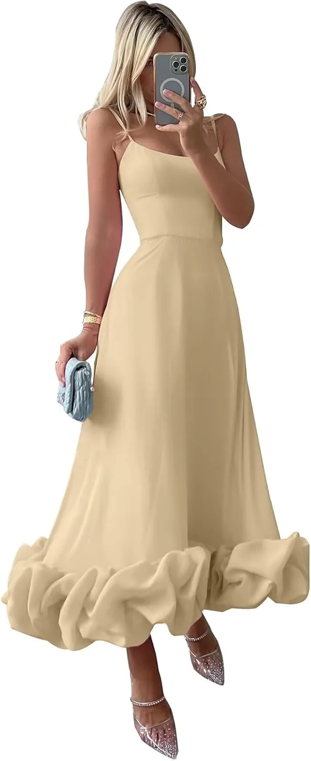 Women's Midi Prom Dresses Flounce Bustier Trim Ruffle Formal Evening Party Dress Tea Length 2024