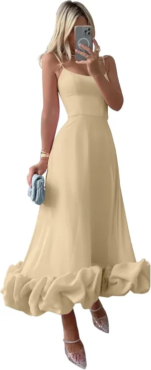 Women's Midi Prom Dresses Flounce Bustier Trim Ruffle Formal Evening Party Dress Tea Length 2024