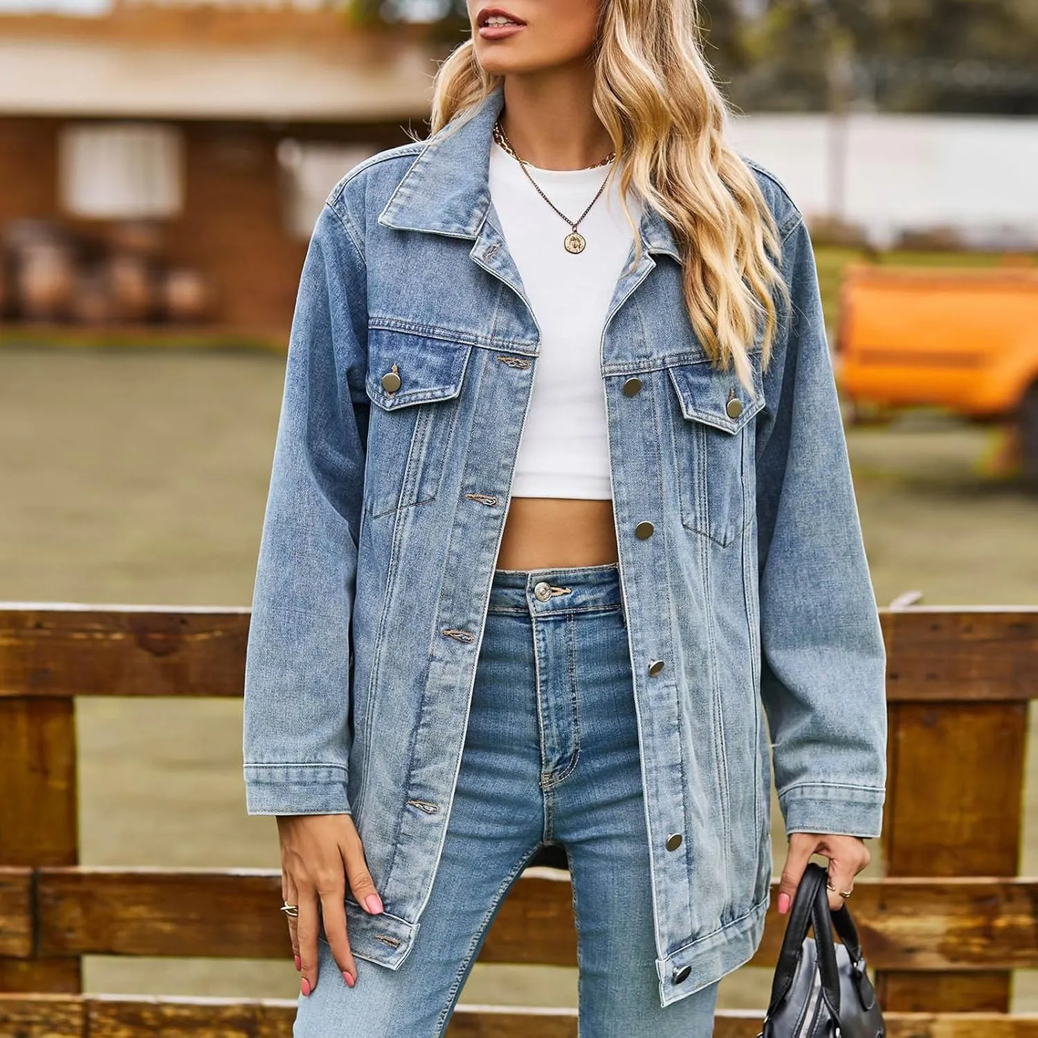 Women's Oversized Denim Jacket Distressed Lapel Collar Boyfriend Long Sleeve Vintage Button Down Jean Jacket Shacket
