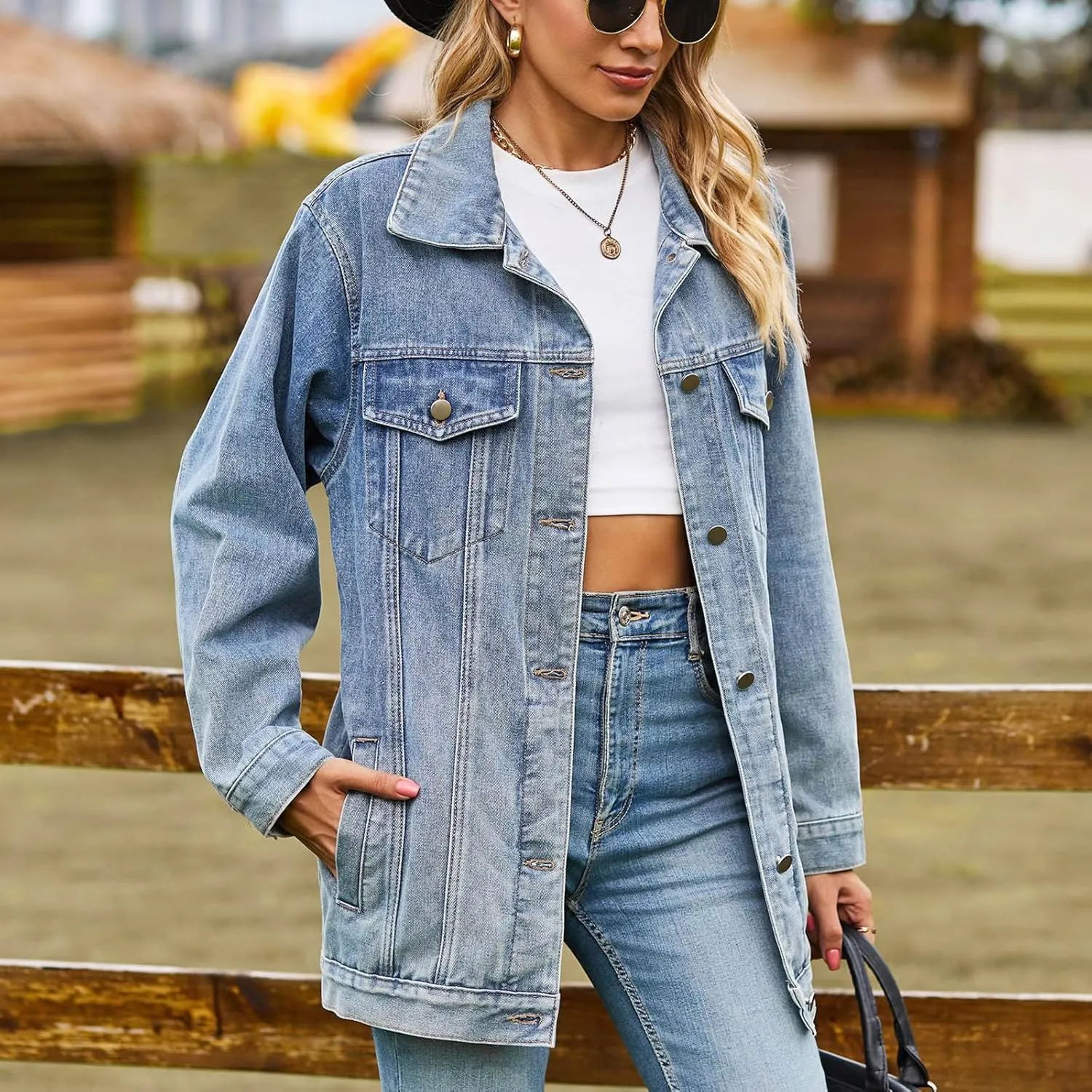 Women's Oversized Denim Jacket Distressed Lapel Collar Boyfriend Long Sleeve Vintage Button Down Jean Jacket Shacket