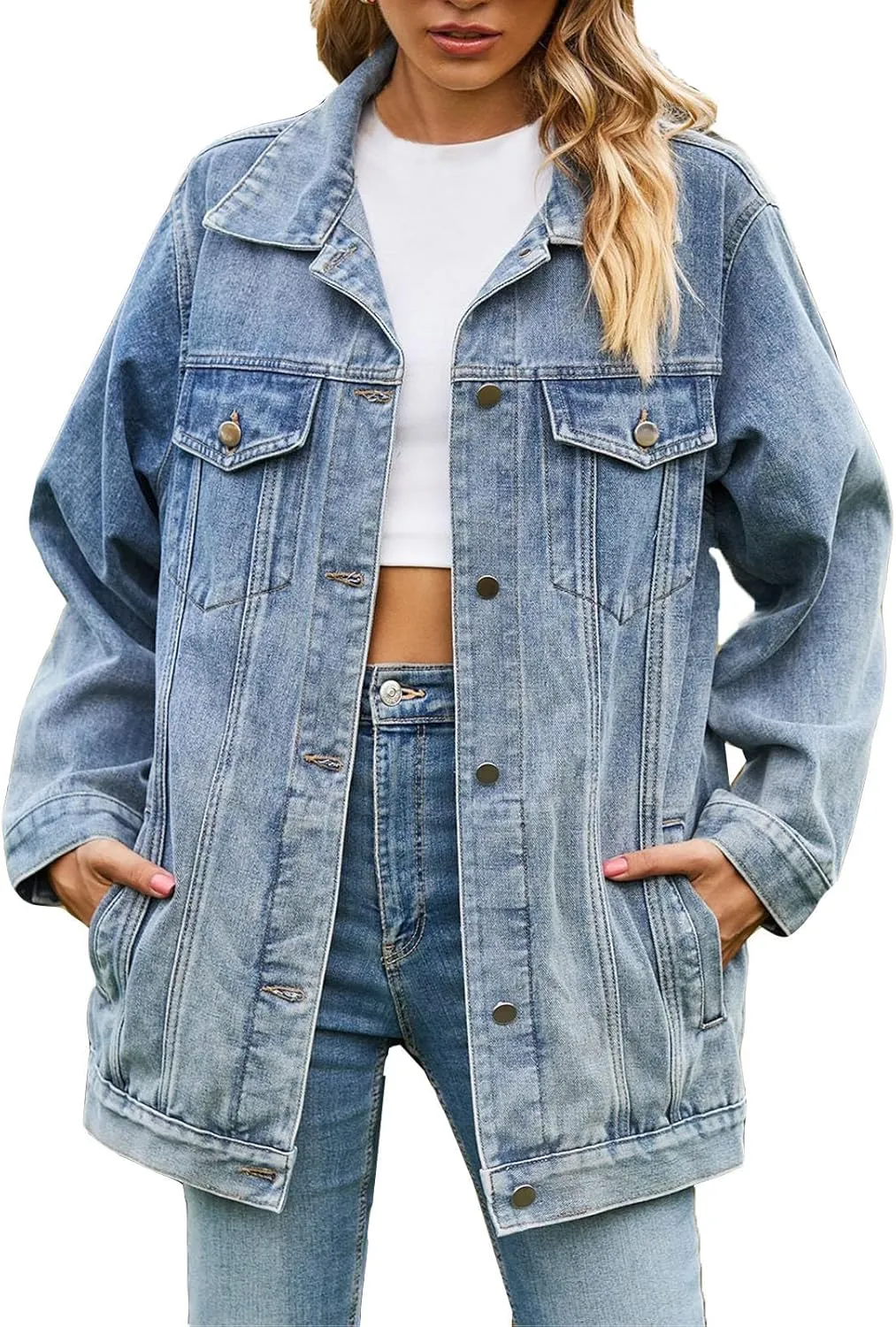 Women's Oversized Denim Jacket Distressed Lapel Collar Boyfriend Long Sleeve Vintage Button Down Jean Jacket Shacket