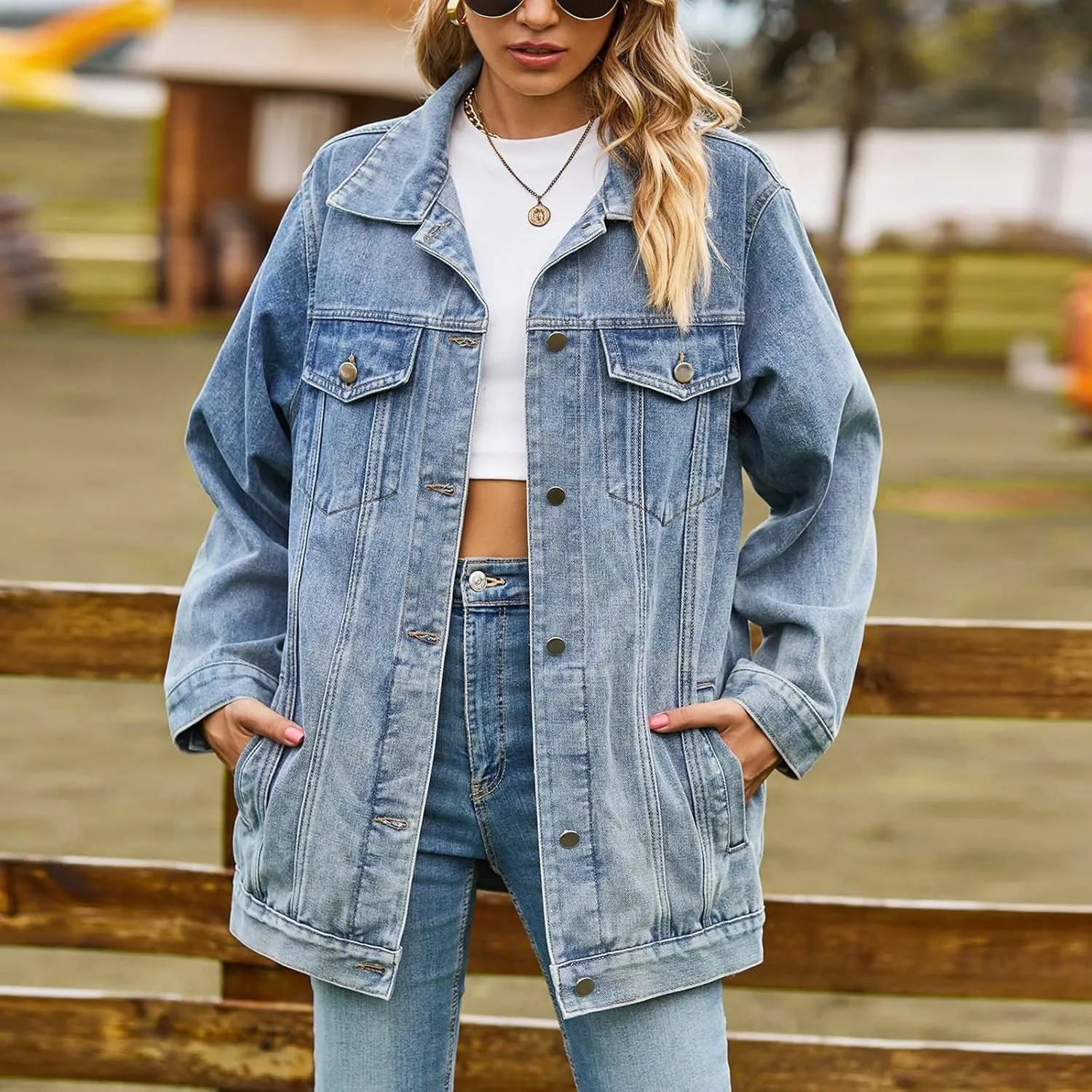 Women's Oversized Denim Jacket Distressed Lapel Collar Boyfriend Long Sleeve Vintage Button Down Jean Jacket Shacket