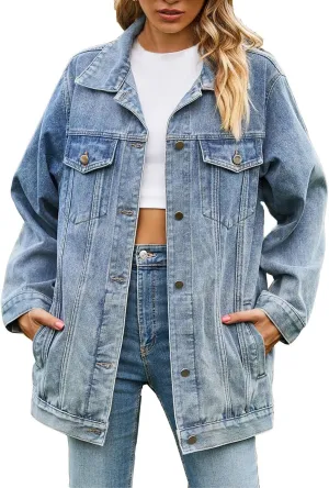 Women's Oversized Denim Jacket Distressed Lapel Collar Boyfriend Long Sleeve Vintage Button Down Jean Jacket Shacket