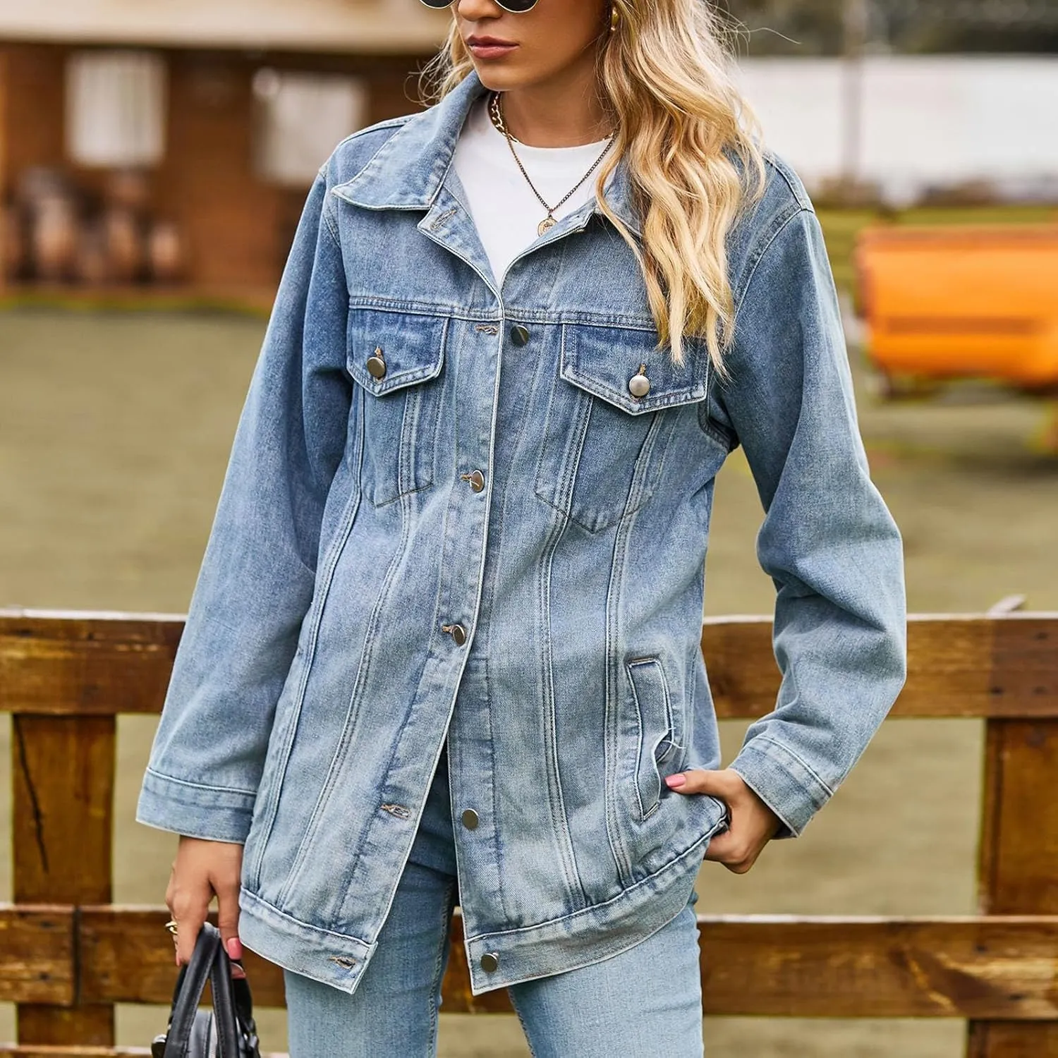 Women's Oversized Denim Jacket Distressed Lapel Collar Boyfriend Long Sleeve Vintage Button Down Jean Jacket Shacket